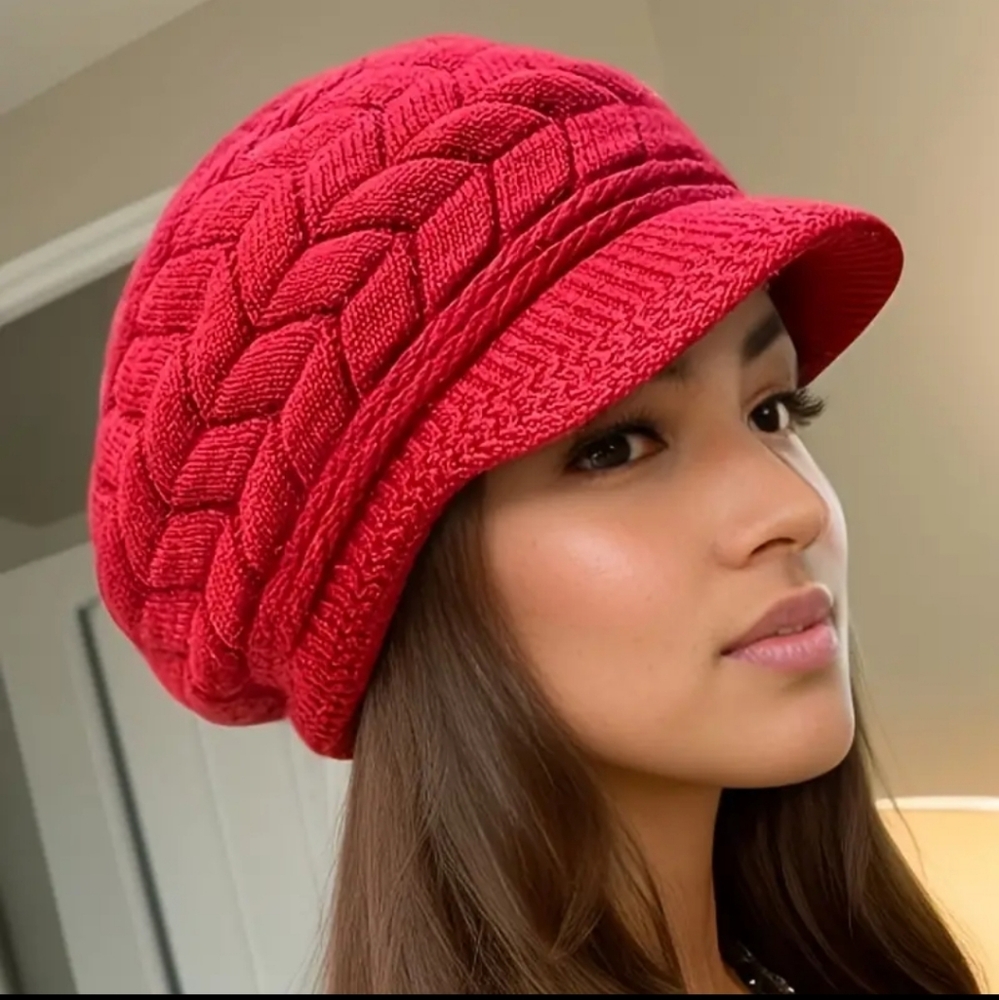 Winter Beanie With Brim, Solid Color Ribbed Knit Hat, Faux Fur Lining - Picture 2 of 9